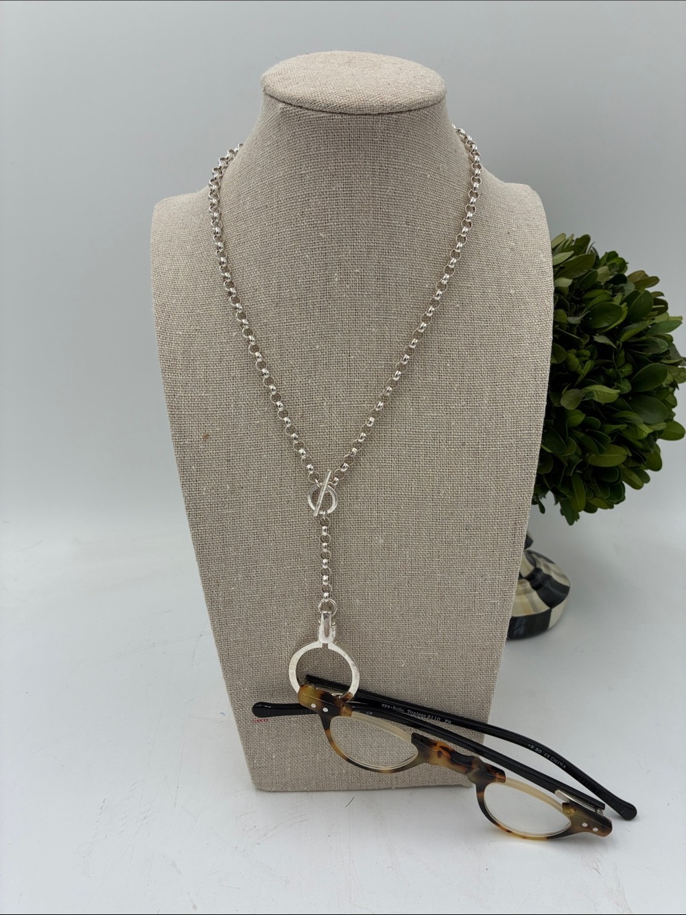 Silver Toggle Lariat Necklace with Eyeglass Ring Accent
